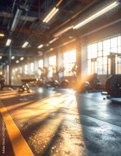 Sport center interior with modern fitness machines in blur