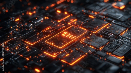 Close-up of glowing electronic circuitry with integrated circuits. High-tech, futuristic, and detailed