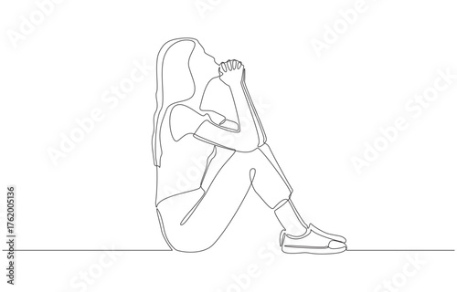 Continuous one line drawing of young woman sitting on the ground with knees up and hands clasped, symbolizing deep thought, hope, prayer, or contemplation, single line art.