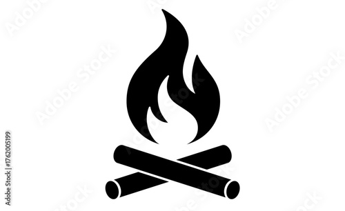 Fire, flame, bonfire. Flame fire icon, abstract style on white background. Flat burn fire symbol, bonfire sign, flame campfire emoji. Camping fireball minimal graphic style. Vector Illustration