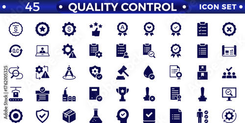 Quality control Outline icon set. Containing inspection, evaluation, product, quality assurance, process, testing, Pictograms and infographics for mobile apps.
