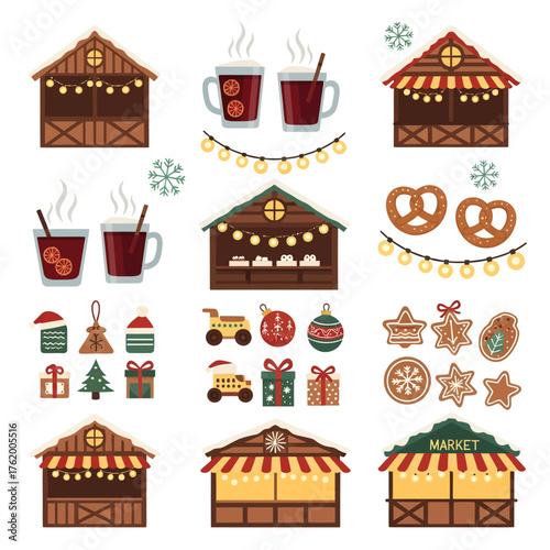 Festive Christmas market stalls and winter treats, including mulled wine, gingerbread, and decorations
