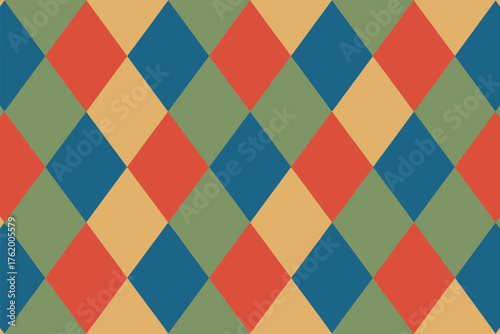 A seamless pattern of colorful diamonds in red blue green and yellow forming a harlequin design