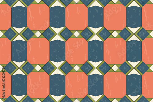 Repeating pattern of blue and orange rectangles with white and green diamond accents in a tiled design