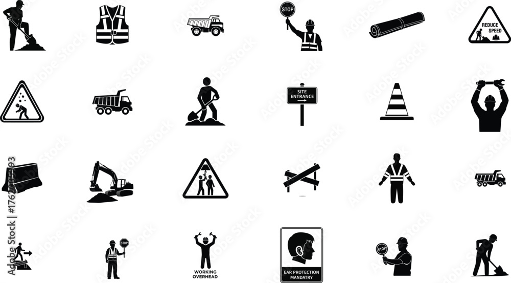 Obraz premium Construction icon set. Containing crane, building, excavator, maintenance, contractor, worker, architecture and more. Solid icons vector bundle