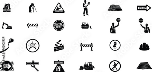 Construction icon set. Containing crane, building, excavator, maintenance, contractor, worker, architecture and more. Solid icons vector bundle