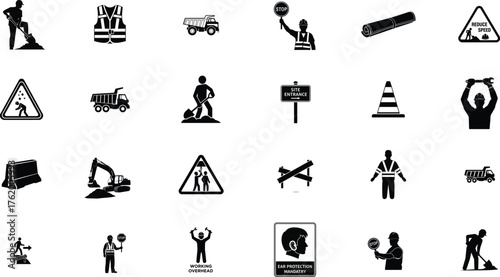 Construction icon set. Containing crane, building, excavator, maintenance, contractor, worker, architecture and more. Solid icons vector bundle