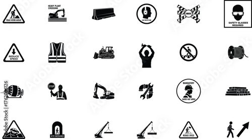 Construction icon set. Containing crane, building, excavator, maintenance, contractor, worker, architecture and more. Solid icons vector bundle