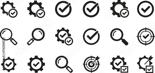 Black and White Vector Graphics of Gears Checkmarks Magnifying Glasses Targets