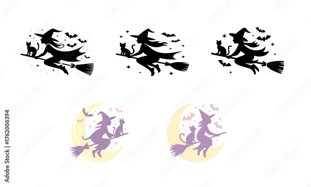 Obraz premium Set of Halloween witch vector icons with cat, moon, and broomstick