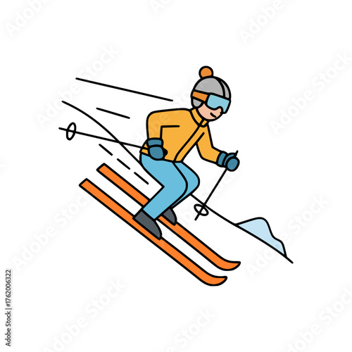 Vector illustration of skier in yellow jacket and helmet skiing downhill on snowy mountain with dynamic motion lines