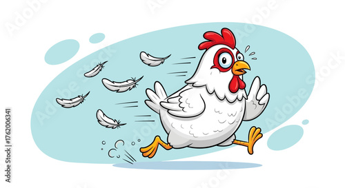 Running cartoon chicken with feathers flying behind