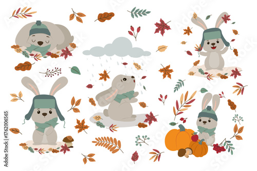 Cute Bunny Autumn Activities Vector Illustration