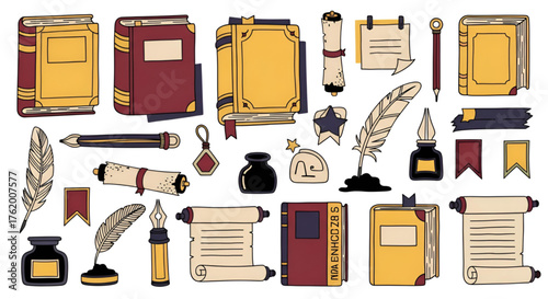 Vintage books and scrolls illustration for education and writing concept