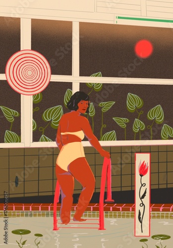 Untitled AWoman in pool with nature outside,rtwork