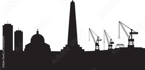 Urban Skyline Silhouette Obelisk Cranes Buildings Cityscape Backdrop Architectural Outline Design