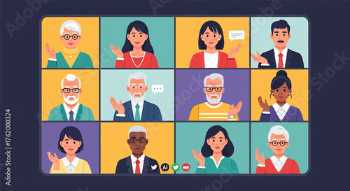 Diverse group of business people participating in an online video conference meeting on a screen