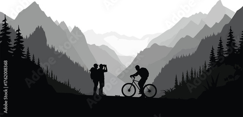 Mountain Biking Adventure Silhouette with Photographers Amidst Scenic Landscape Vector