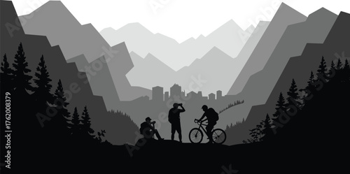Hiking and Mountain Biking Trip Silhouette in Nature View Background Landscape Vector