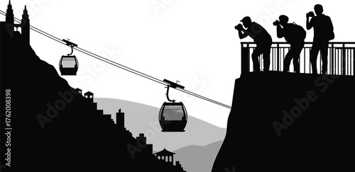 Silhouette Cable Car Ride Above City View with Photographers on Cliff Edge Vector Design
