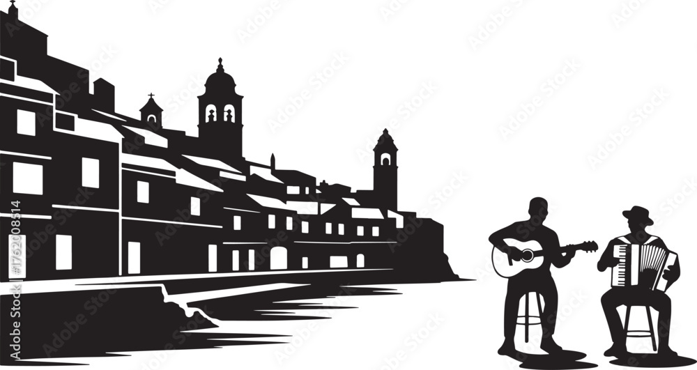Obraz premium Italian Town Silhouette with Musicians Sitting with instruments Black Vector Scene
