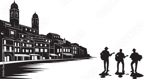 Coastal Italian Village Silhouette with Musicians Black Vector Background Illustration