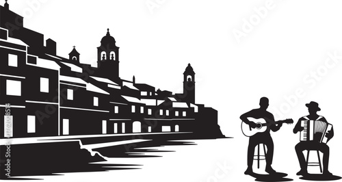 Italian Town Silhouette with Musicians Sitting with instruments Black Vector Scene