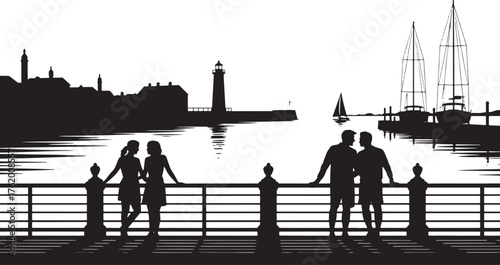 Scenic Waterfront Silhouette with Harbor Views: Couples, Boats and Town on a Peaceful Bay