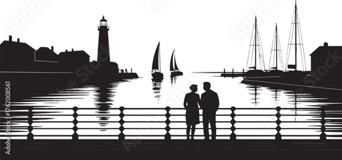 Seaside Silhouette: Romantic Scene of Couple Admiring Waterfront, Lighthouse, and Sailboats