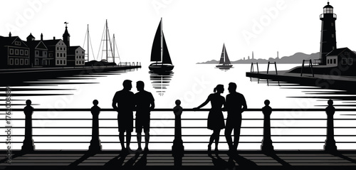 Silhouette Seaside Serenity: Couple on Pier Overlooking Coastal Town, Sailboats and Tranquil Bay