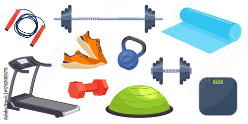 Sport, fitness and gym equipment collection. Vector treadmill, dumbbell, barbell and other training objects isolated on white.