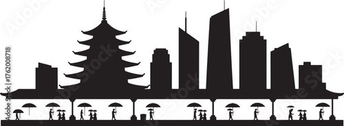 Silhouette of People with Umbrellas  in an Asian Cityscape Architecture Backdrop