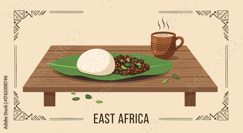 Traditional East African Ugali with Sukuma Wiki and Spiced Tea, (cornmeal porridge with vegetable stew) served on a banana leaf with a cup of hot spiced tea. Flat Vector Illustration