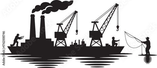 Industrial Ship Silhouette with Cranes, Fishing near Polluted Water. Cargo Vector Illustration