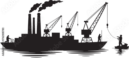 Silhouette of Industrial Ship Pollution with Fishermen, Harbor Cargo Cranes Black Vector