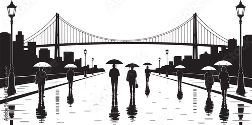 Cityscape Rainy Day Pedestrians Silhouette Strolling Under Umbrellas with Bridge Backdrop