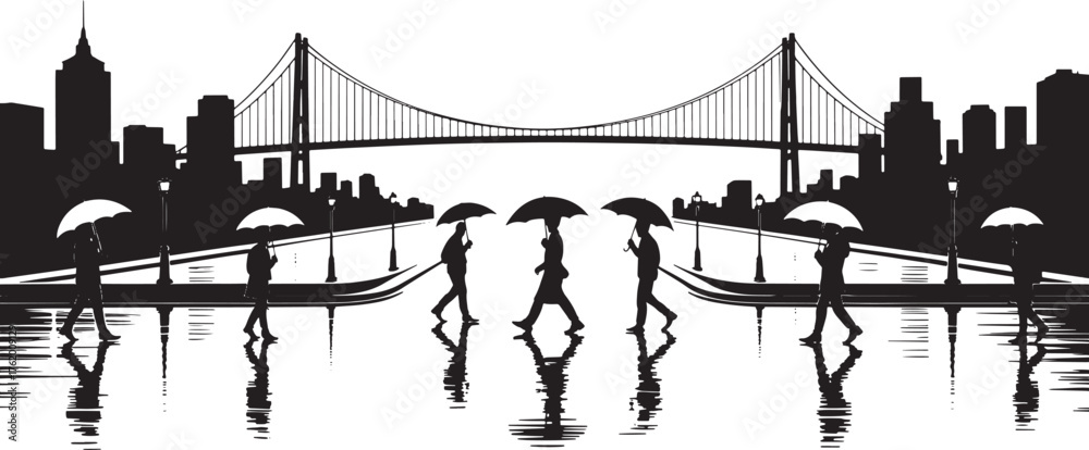Fototapeta premium Urban Cityscape Silhouette Umbrella People Walking Bridge Urban Skyline City Scenery