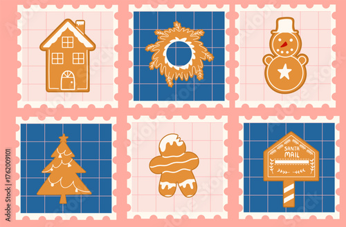 Christmas gingerbread cookies set. Stamps with  ginger  wreath, snowman, tree, Santa mail box. Xmas holiday sweet vintage stickers. 