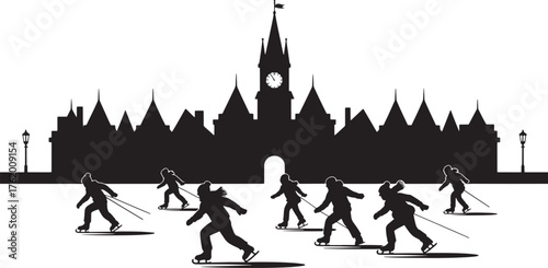 Ottawa City Hall Silhouette with Skaters on Rink Depicting Canadian Winter