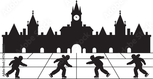 Ottawa City Hall Silhouette Scene with Skating People and Ice Rink Pavement Grid