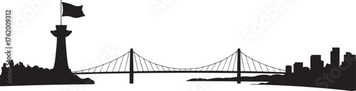 Cityscape Vector Silhouette of Busan, South Korea with Bridge over Transparent BG