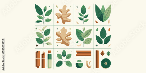 Botanical Elements Ginger & Green Leaves Pattern