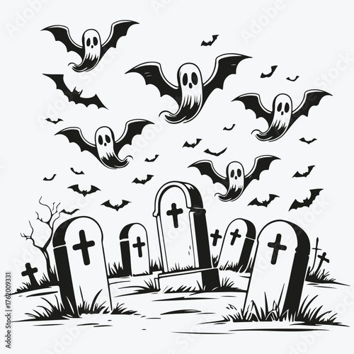 graveyard with ghosts sketch illustration vector