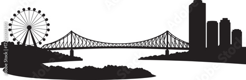 Brisbane Skyline Vector Silhouette Ferris Wheel Bridge Buildings Waterfront Art Design