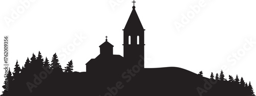 Silhouette Church Vector Building Landscape Art Design on Hill with Trees Forest