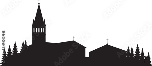 Silhouette of Church and Trees against Transparent Background, Minimalist vector