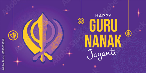 Guru Nanak Jayanti banner. Symbol of sikhism, text. Vector illustration