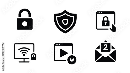 Cyber Security and Web Protection Icon Set — Vector Lock, Shield, and Email Symbols

