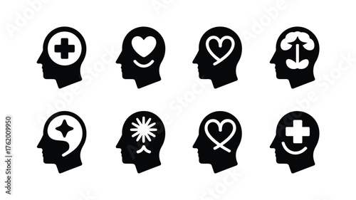 Mental Health and Wellness Icon Set — Vector Human Head, Heart, Cross, and Mind Symbols


