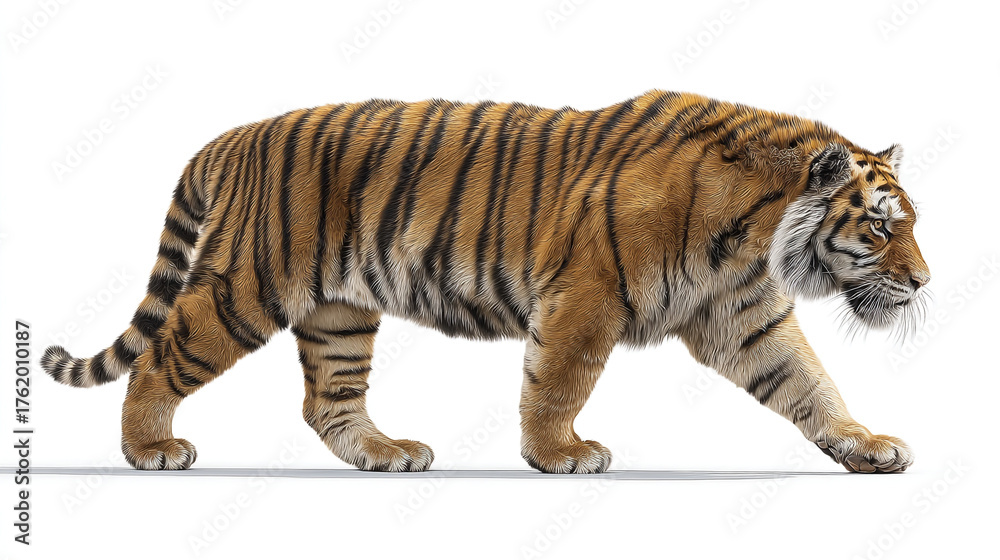 Obraz premium A full body shot of a tiger walking from left to right on a white background in studio light